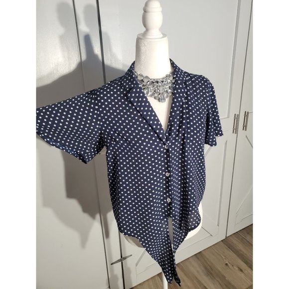 MONTEAU BLOUSE POLKA DOT COLOR BLUE SHORT SLEEVE POLY/SPANDEX SIZE S - Picture 4 of 5